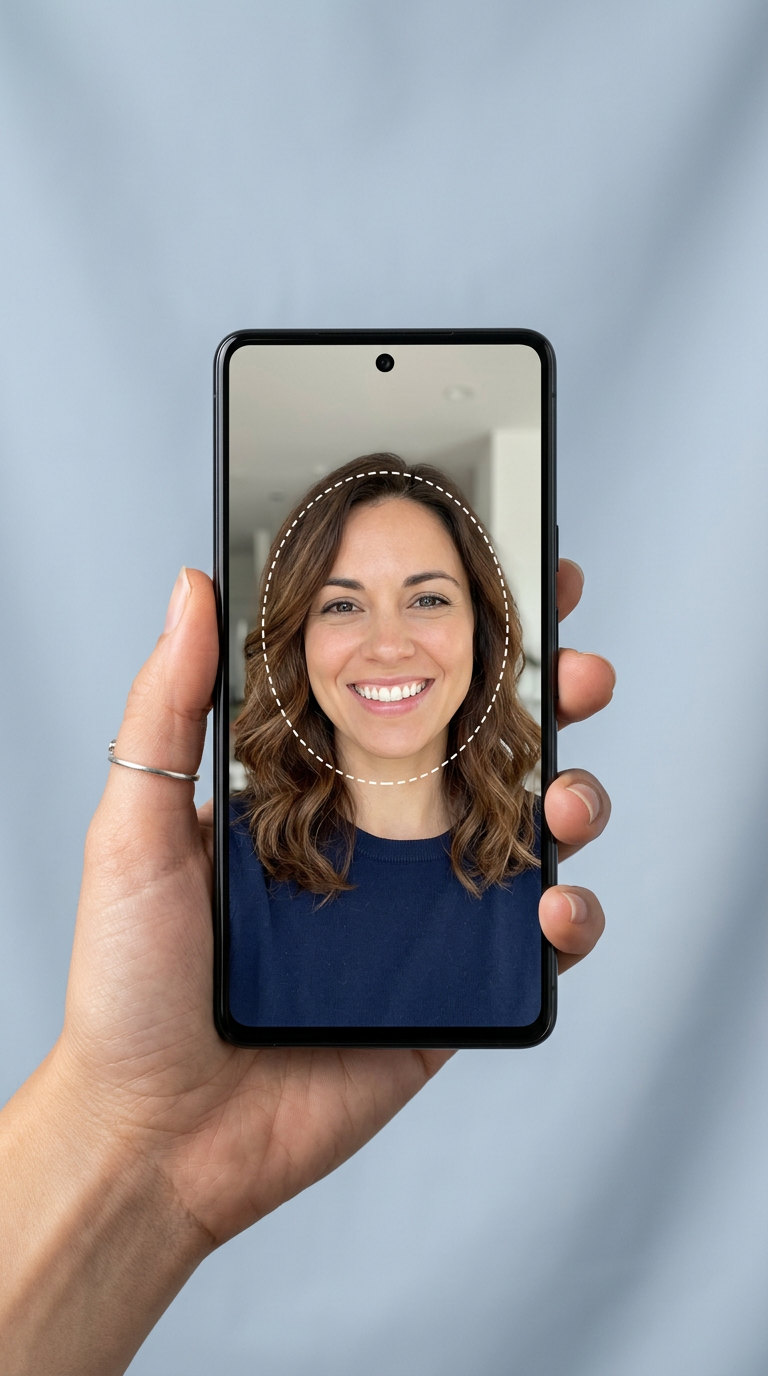Hand holding a phone showing a smiling selfie lined up inside a face outline
